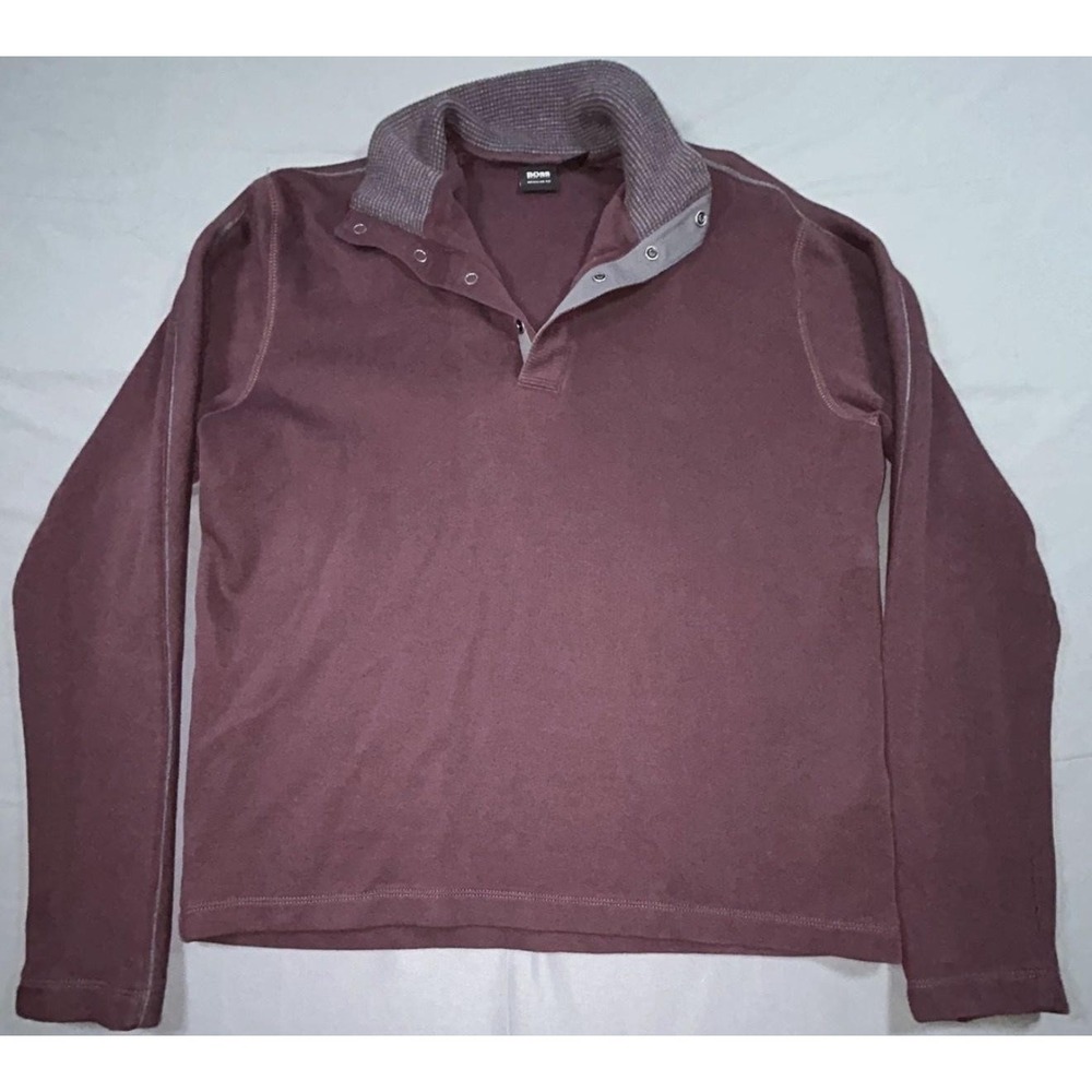 Boss Sweater Mens Medium Maroon Snap Collar Cotton Knit Pullover Regular Casual